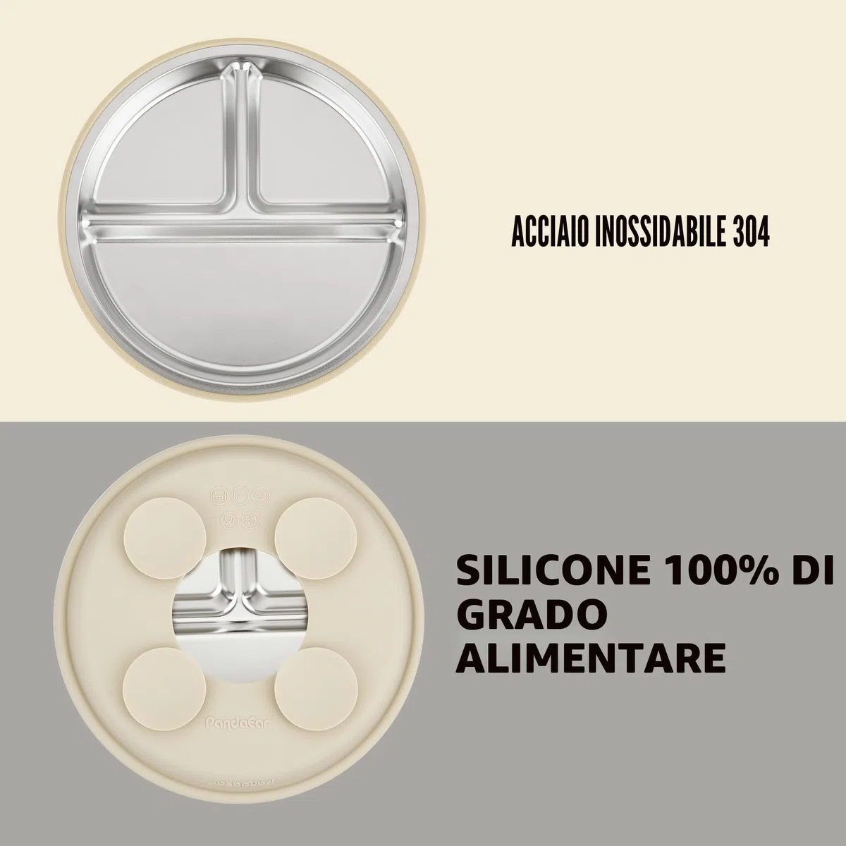 PandaEar Set da 2 Piatti in Acciaio Inossidabile con Ventosa per Neonati e Set da 2 Cucchiai e Forchette, Ustensili per Bambini, Piatti Divisi per Alimentazione Autonoma (Marrone chiaro/Noce)