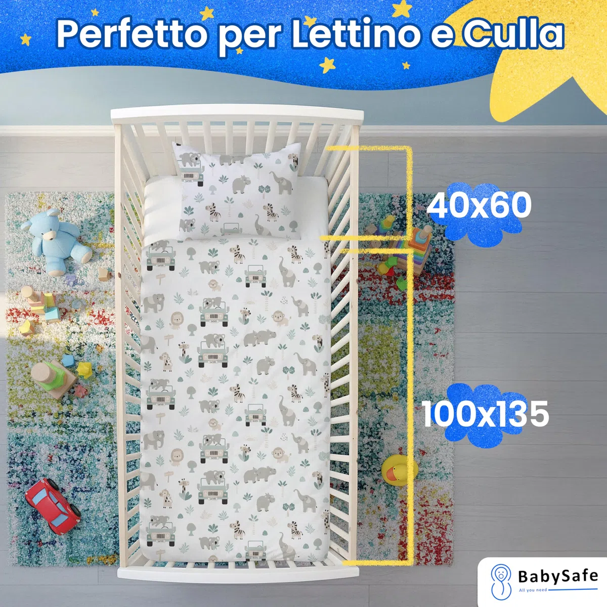 BABYSAFE Set Copripiumino Lettino 100x135 e Federa Cuscino 40x60 Coordinata, 100% Cotone Certificato Oeko-Tex - Copripiumino 100x135 Neonato per Culla, Lettino o Carrozzina Made in Europe
