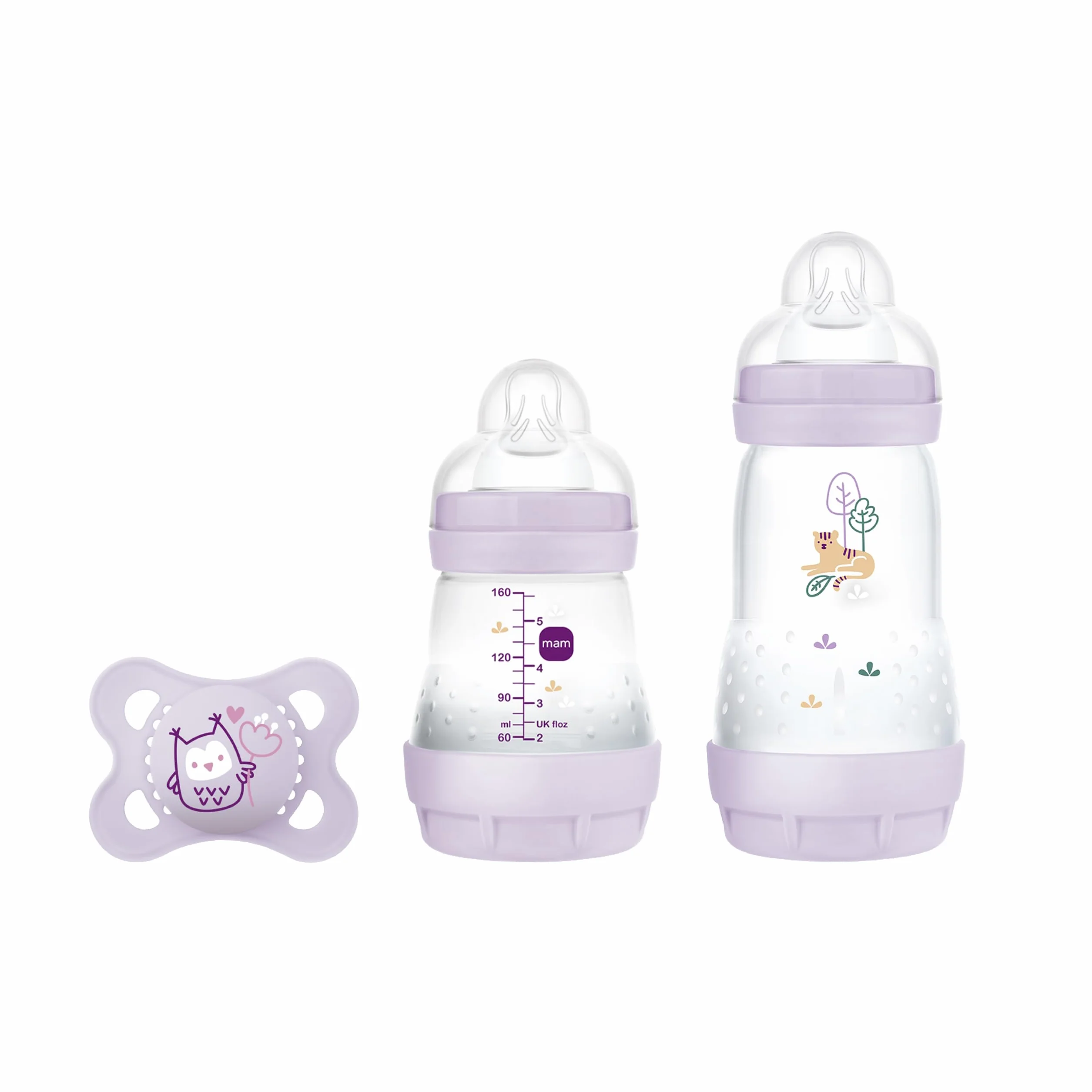 MAM Easy Start Anti-Colic Starter Set S, kit iniziale per bambini con 2 bottiglie anti-coliche (160 ml e 260 ml) con tettarella taglia 1 e ciuccio, set regalo per bambini, dalla nascita, lilla