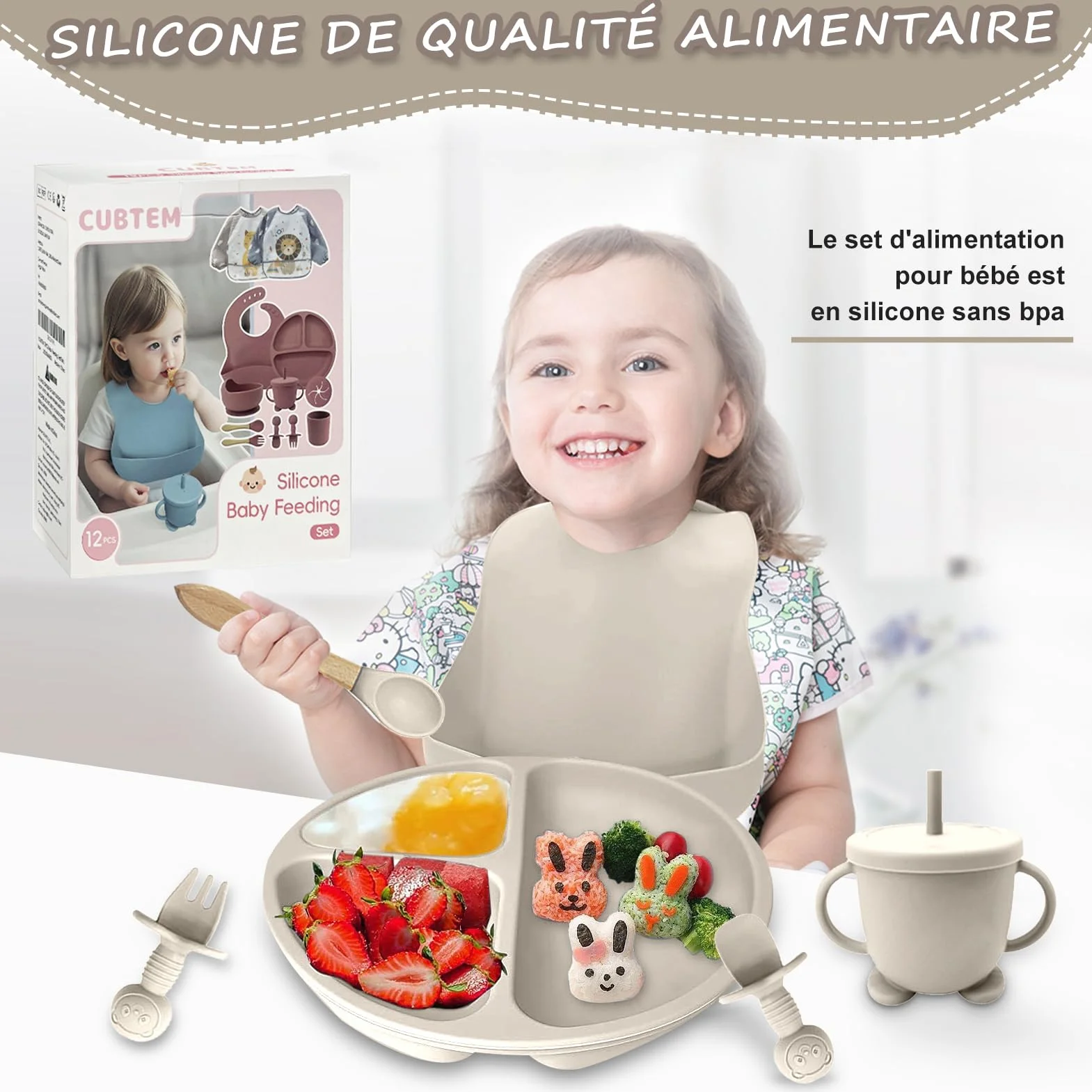 Set Pappa Svezzamento, Set di 12 Piatti per Bambini,Ventosa Ciotola e Cucchiaino per Neonati, Bavaglino in Silicone, Set di Posate per Bambini per Lo Svezzamento e L'Alimentazione
