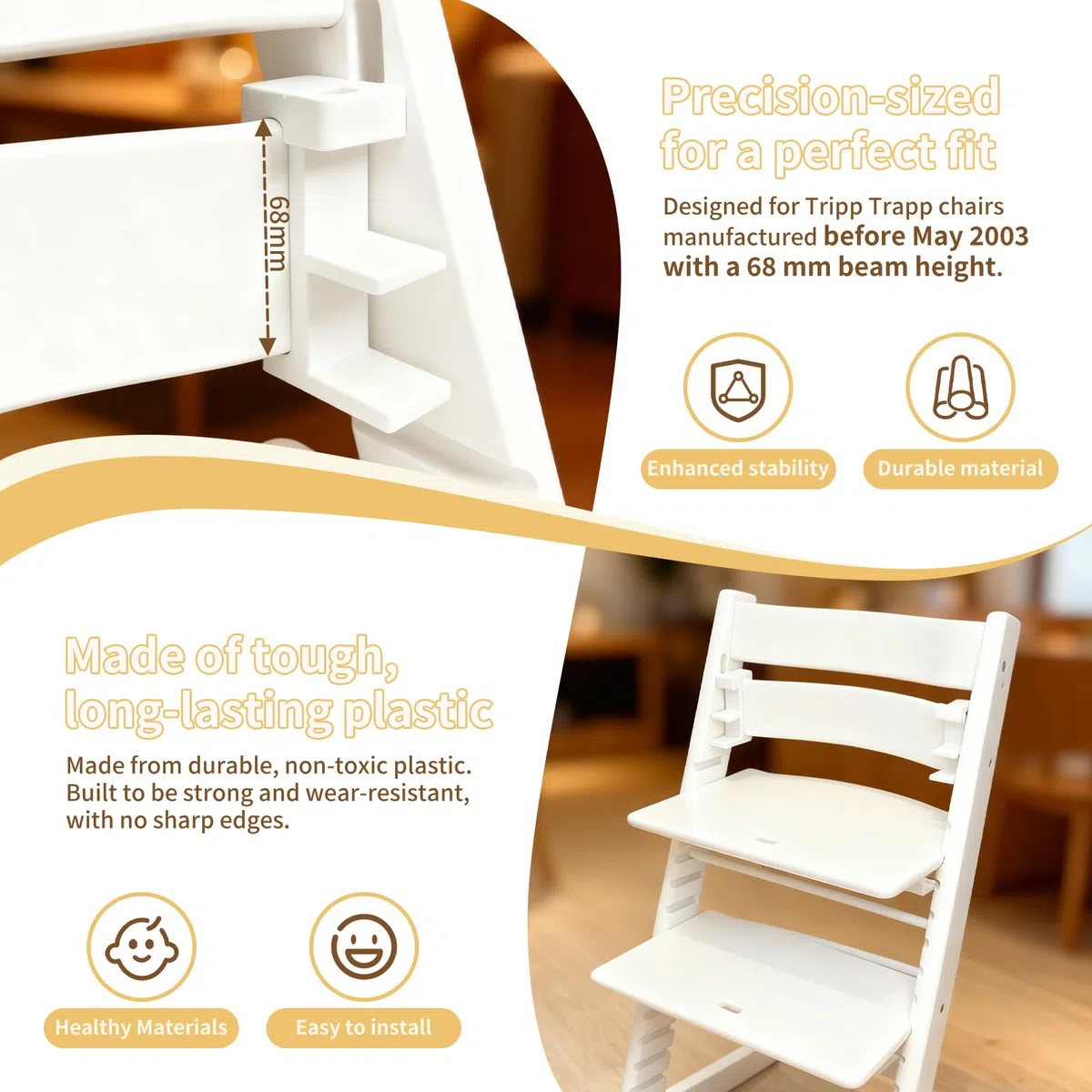 Adattatori Babyset per Stokke Tripp Trapp - Set da 2 adattatori compatibili con seggioloni modello precedente al 2003, traversa 68 mm, utilizzo con baby set, vassoio e tavolino per uso quotidiano