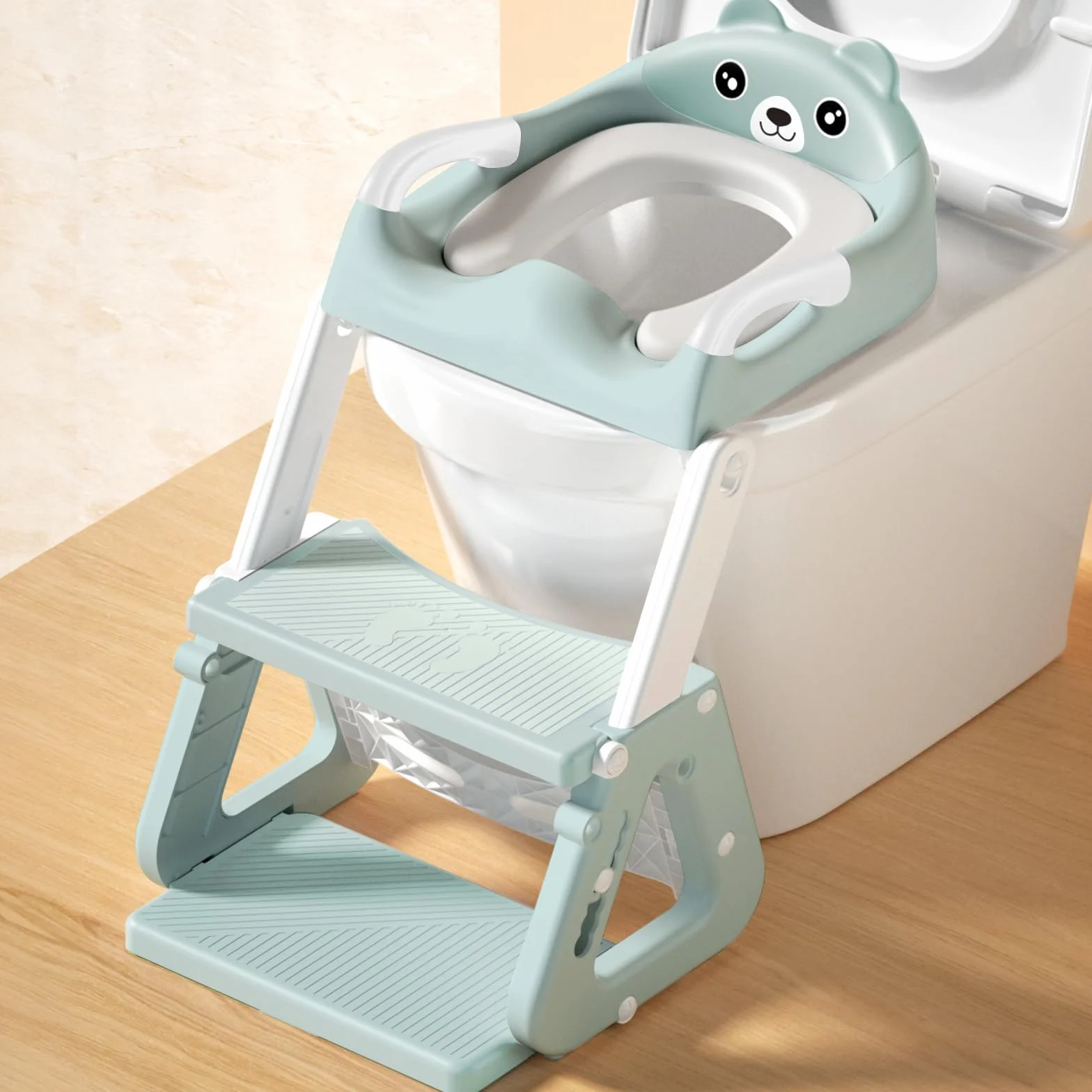 Riduttore WC Bambini con Scaletta, Riduttore WC Bambini, Scaletta WC per Bambini con PU Cuscino, Regolabile e Pieghevole, Adattatore WC per Bambini per Tazze a V, U, O