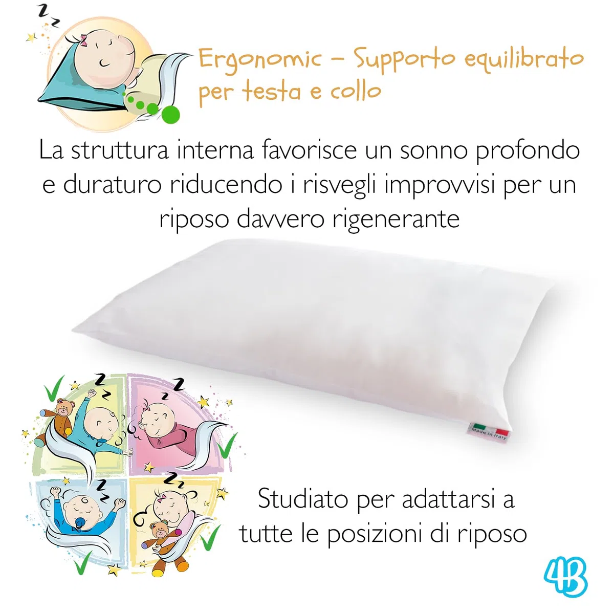 4BABIES - Cuscino Lettino Bambino 40x60, Cuscino per Bambini Traspirante Anallergico con rivestimento in Cotone 100% Italiano, Antiacaro Ipoallergenico per culla