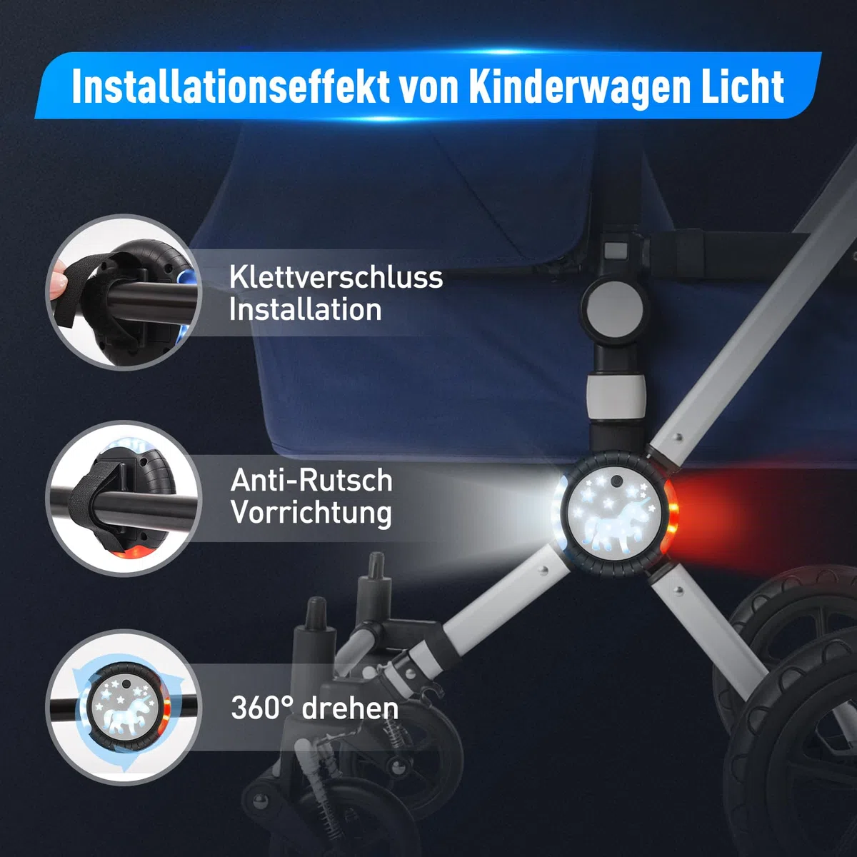 Dusor Luce Passeggino Luce Ricaricabile USB per Passeggino, 27 LED Pro Luce Passeggino 2 Effetti di Illuminazione, IPX6 Impermeabile Passeggino Adatto per Tutti i Passeggini (2 pezzi)