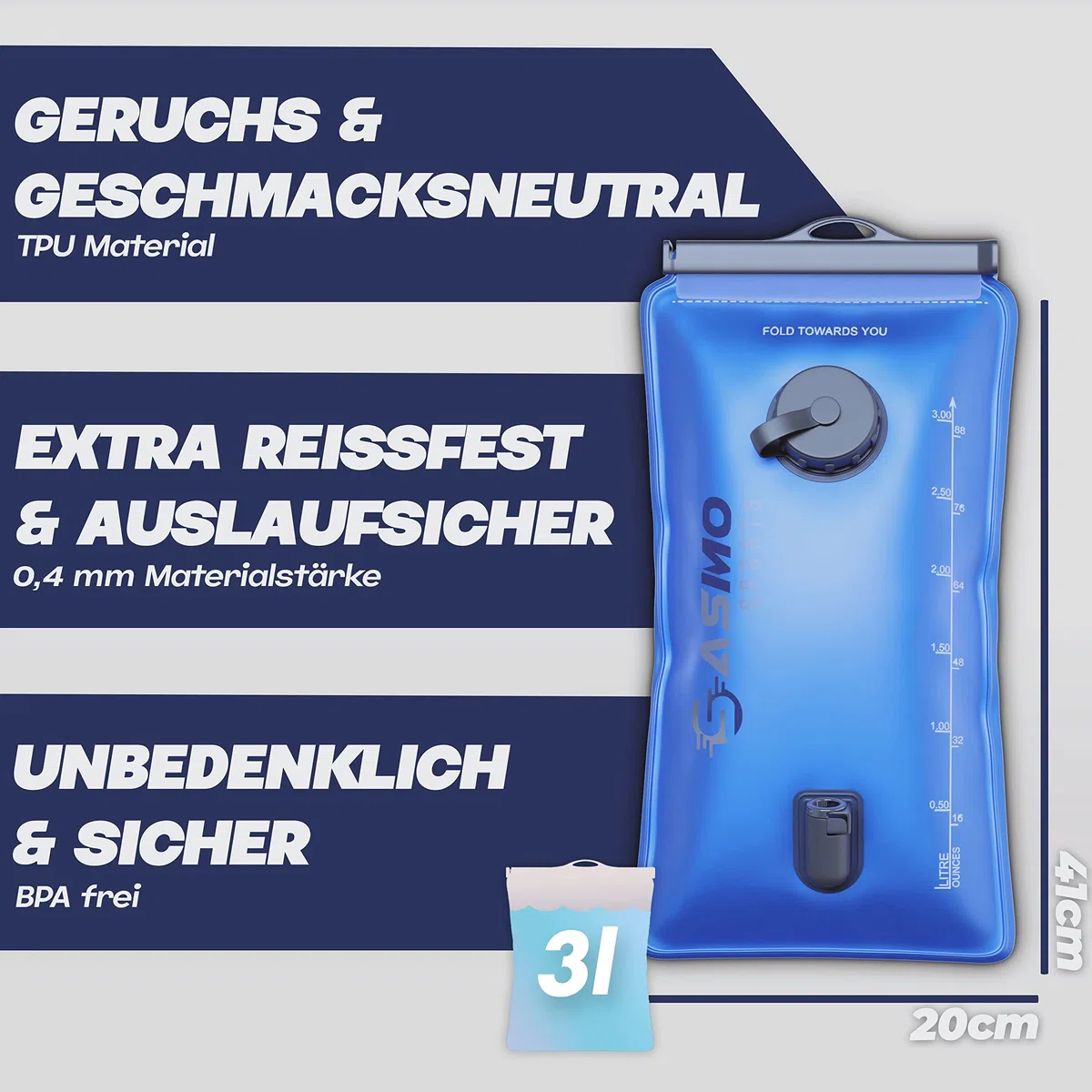 SASMO Bolla d'acqua da 2 l e bolla per bere da 3 l con 2 aperture, rinforzata con materiale resistente agli strappi, 2 l, borsa per zaino con tubo, ultraleggera, zaino per bolla d'acqua, escursionismo