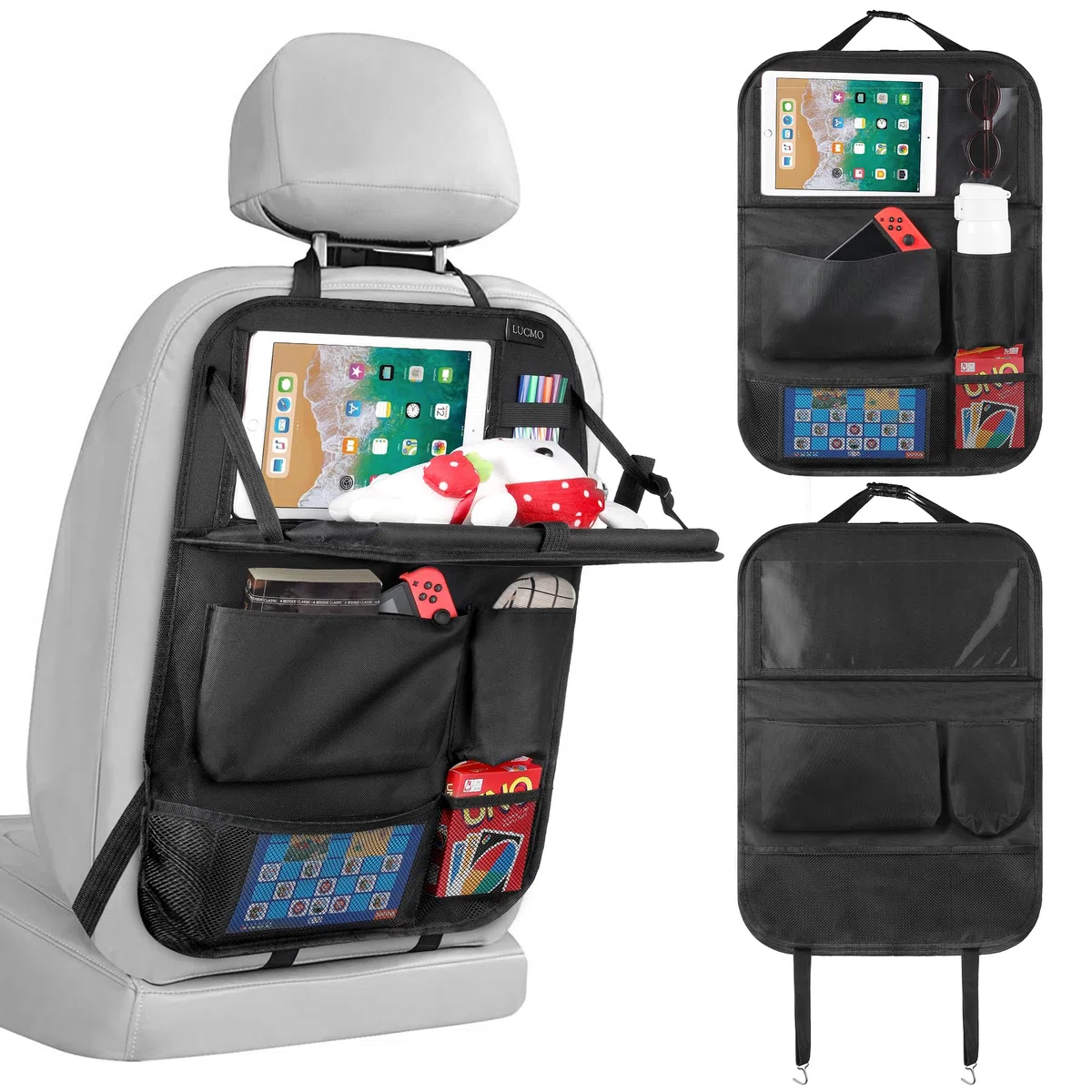 LUCMO Organizer per sedile posteriore con supporto per tablet, 6 tasche portaoggetti portaoggetti per auto con vassoio pieghevole per alimenti, protezioni per sedili auto, accessori da viaggio