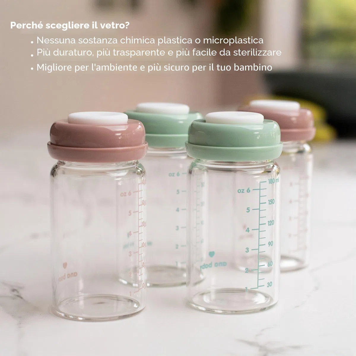Bottiglie in vetro per latte materno di alta qualità, 180 ml, lavabili in lavastoviglie, adatte al congelatore e al microonde (4 bottiglie di vetro per conservare il latte materno, 4 x 180 ml)