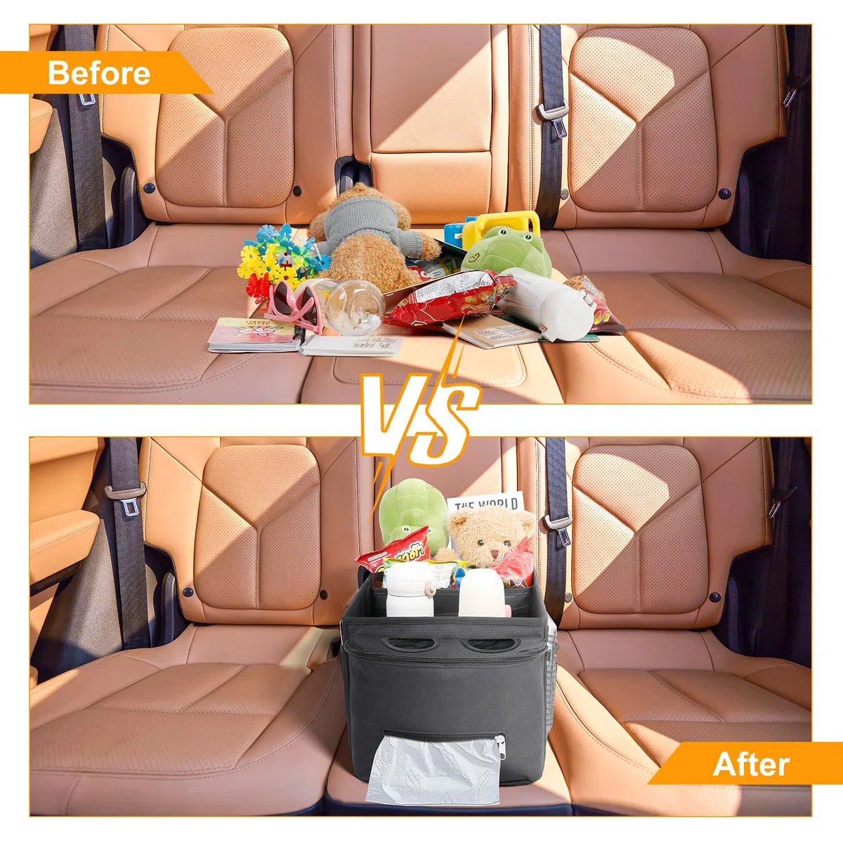 Romon Organizer Auto, Organizer Bagagliaio Autos Sedile Anteriore Posteriore Car Organizers Bambini per Caddy con Divisorio, Maniglie e Tasche Multiple in Rete per Giocattoli Libri Snack Tablet