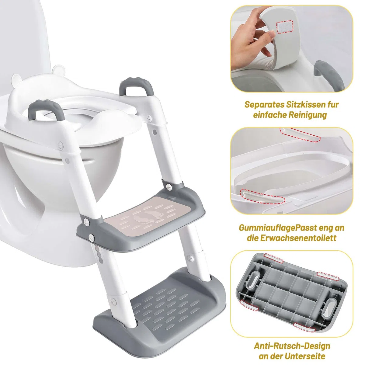 Mkitnvy Riduttore WC per Bambini Con Scaletta e Sedile per Vasino, Regolabile e Pieghevole Antiscivolo Sedile Gradini Larghi con Morbido Cuscino Toilette Portatile Trainer per V,U,O