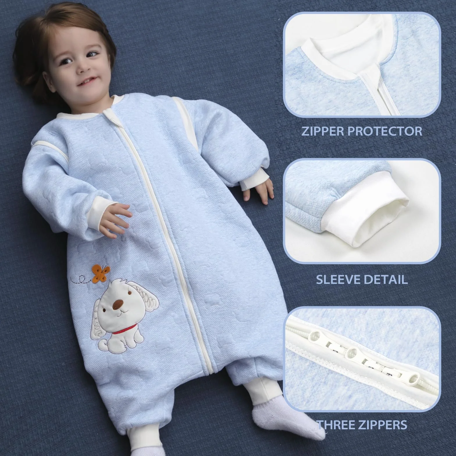 Sacco nanna invernale a maniche lunghe, per bimbe e bimbi, con aperture per i piedi e motivo di cagnolino, in cotone, unisex, per tutto l'anno, Blu 0-16 Monate