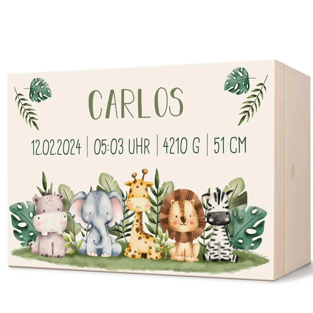 GRAVURZEILE Cassetta dei ricordi personalizzata per bambini – Gruppo di animali Safari – Personalizzata con nome e data – Scatola di legno per ragazze e ragazzi – Regalo per nascita – Scatola dei