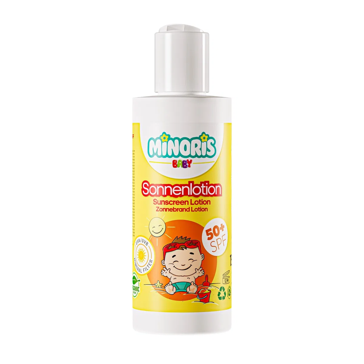 Minoris Baby Lozione Solare SPF 50+ | Organica, Naturale & Minerale per Pelle Sensibile | Ipoallergenica, Vegana, Resistente all’Acqua, Protezione ad Ampio Spettro, Testata Dermatologicamente, 150 ml