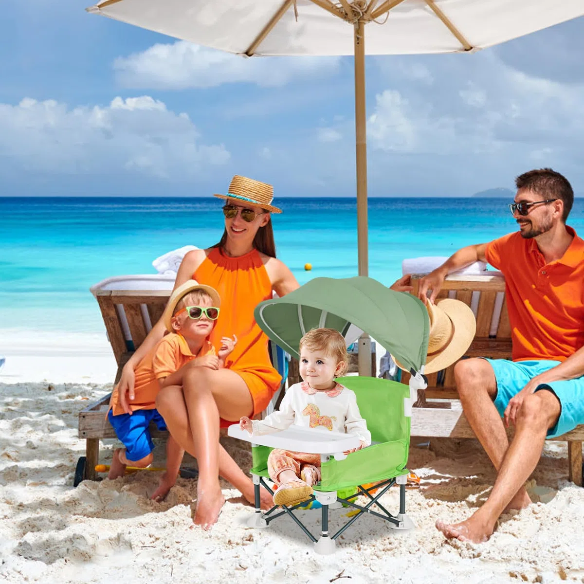 Seggiolino portatile per bambini, da viaggio, con vassoio per mangiare, pieghevole, con tettuccio parasole, per casa, viaggi, campeggio, picnic, prato, spiaggia