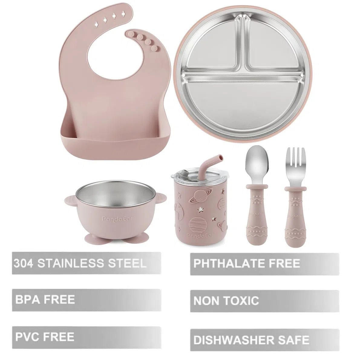 PandaEar Set Pappa 6-in-1 in Acciaio Inox per Bambini | Piatto Diviso con Ventosa, Ciotola, Bicchiere con Cannuccia, Bavaglino, Cucchiaio e Forchetta | Accessori per l'Autosvezzamento Senza BPA (Rosa)