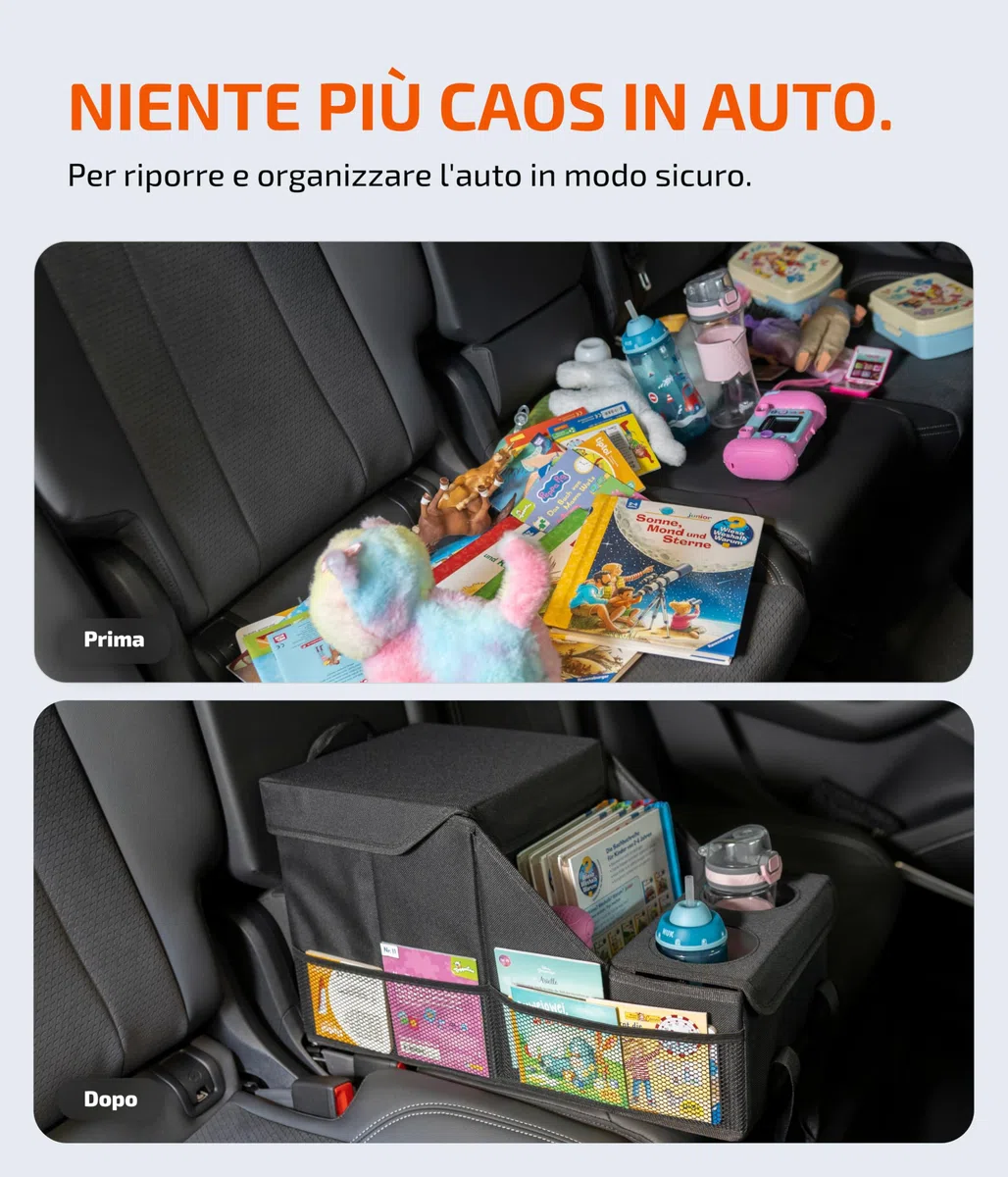 LIONSTRONG® Organizzatore Auto [STABILE GRAZIE PANNELLI PLASTICA] - Organizzatore Universale Sedile Posteriore e Sedile Passeggero - Ideale per Vacanze - Spazio per Giocattoli - Resistente all'Acqua