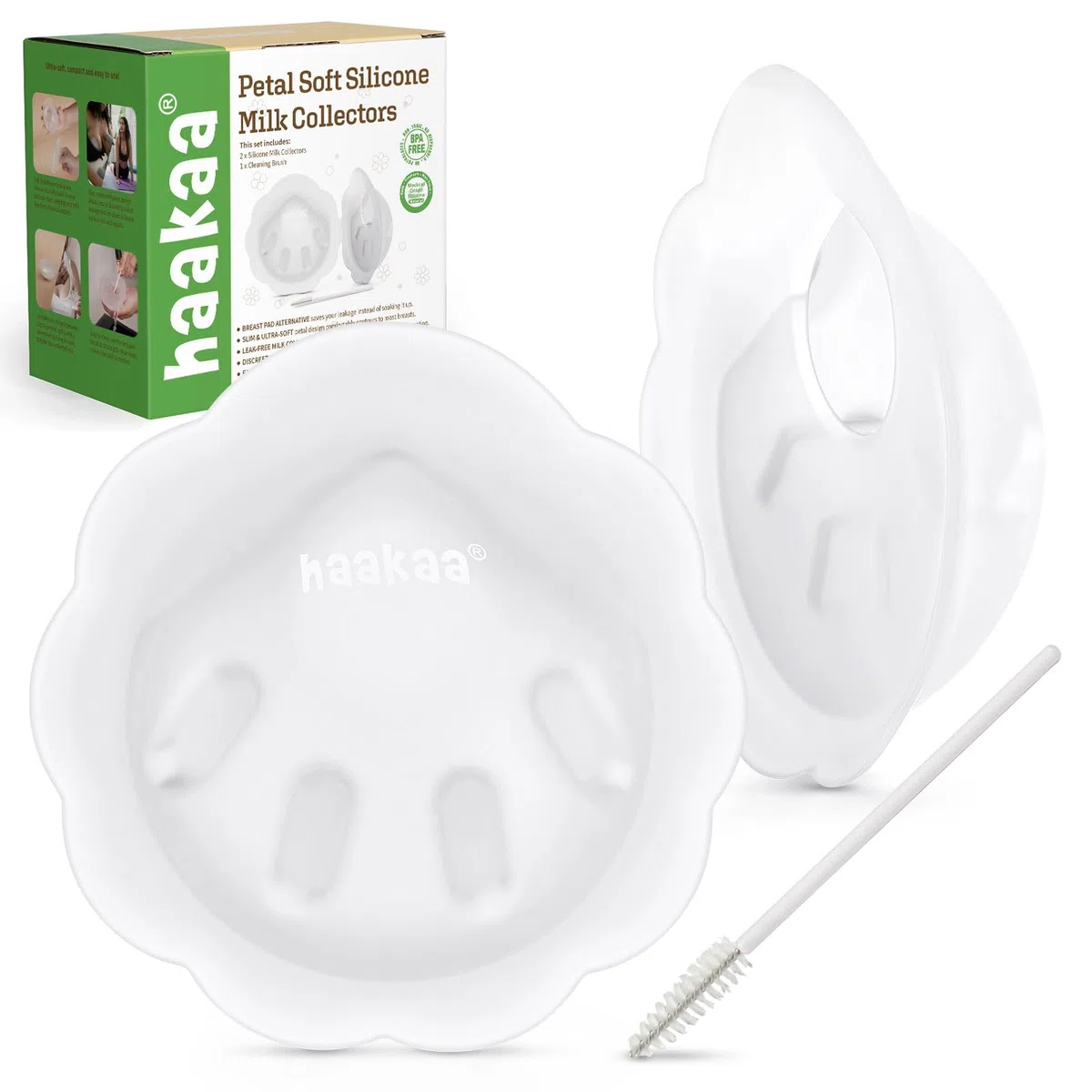 haakaa Petal Soft - Contenitore per la raccolta del latte materno discreto, a prova di perdite, coppe riutilizzabili per il seno, per l'allattamento al seno con spazzola per la pulizia, 2 pezzi