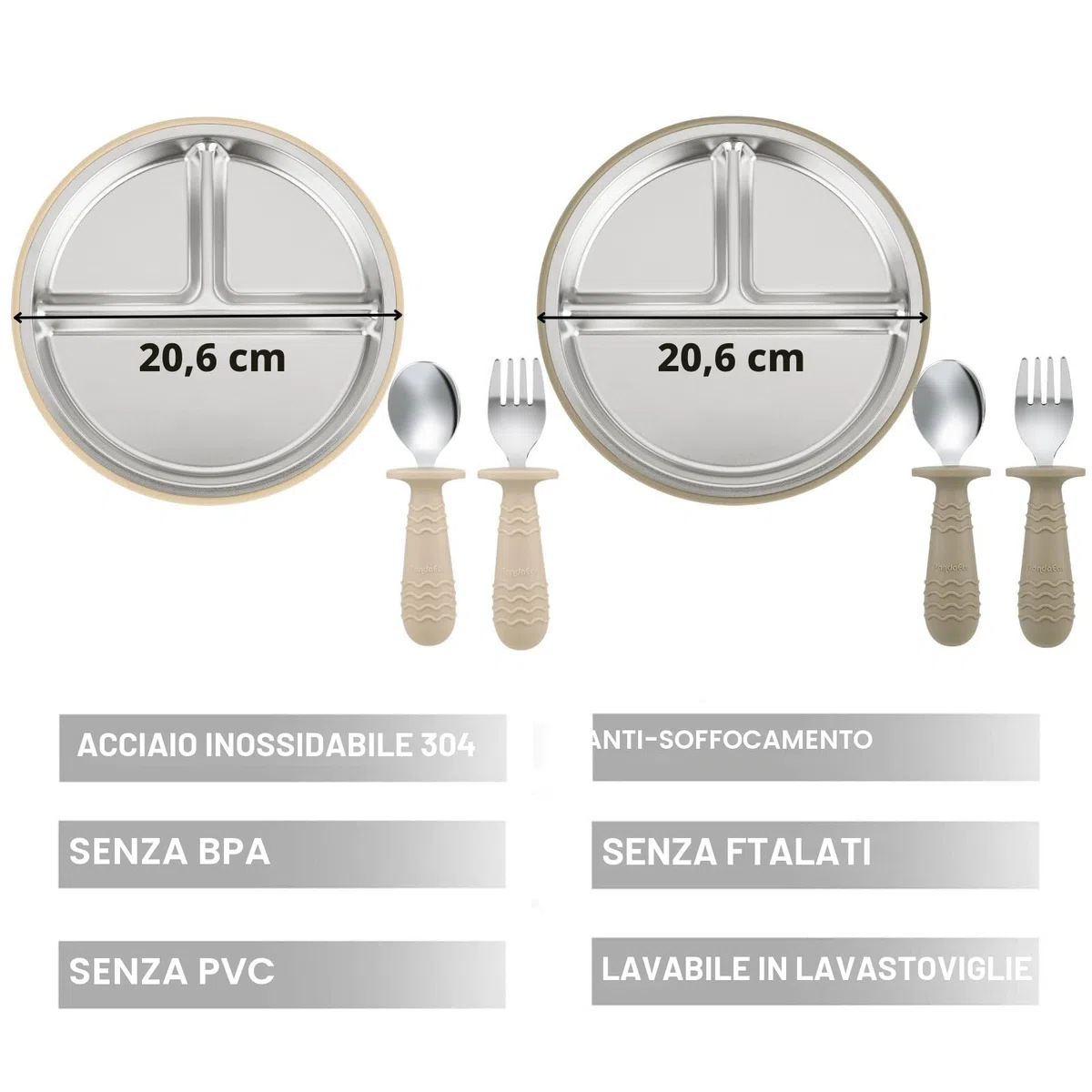 PandaEar Set da 2 Piatti in Acciaio Inossidabile con Ventosa per Neonati e Set da 2 Cucchiai e Forchette, Ustensili per Bambini, Piatti Divisi per Alimentazione Autonoma (Marrone chiaro/Noce)