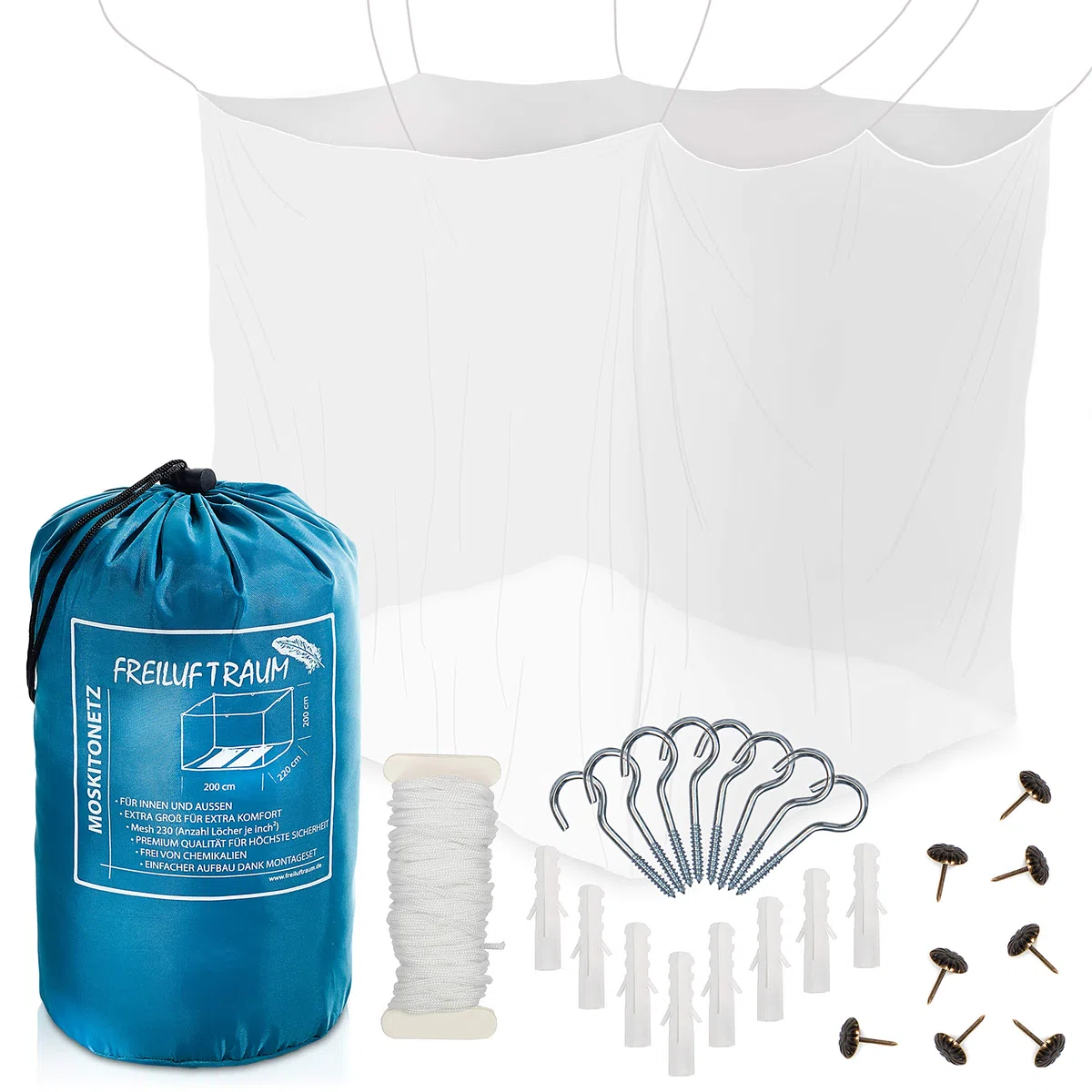 Grande Zanzariera per Letto Matrimoniale 200x220x200cm - Protezione dalle Zanzare per Camera da Letto, Giardino e Viaggi - Borsa per il Trasporto e Set di Montaggio inclusi.