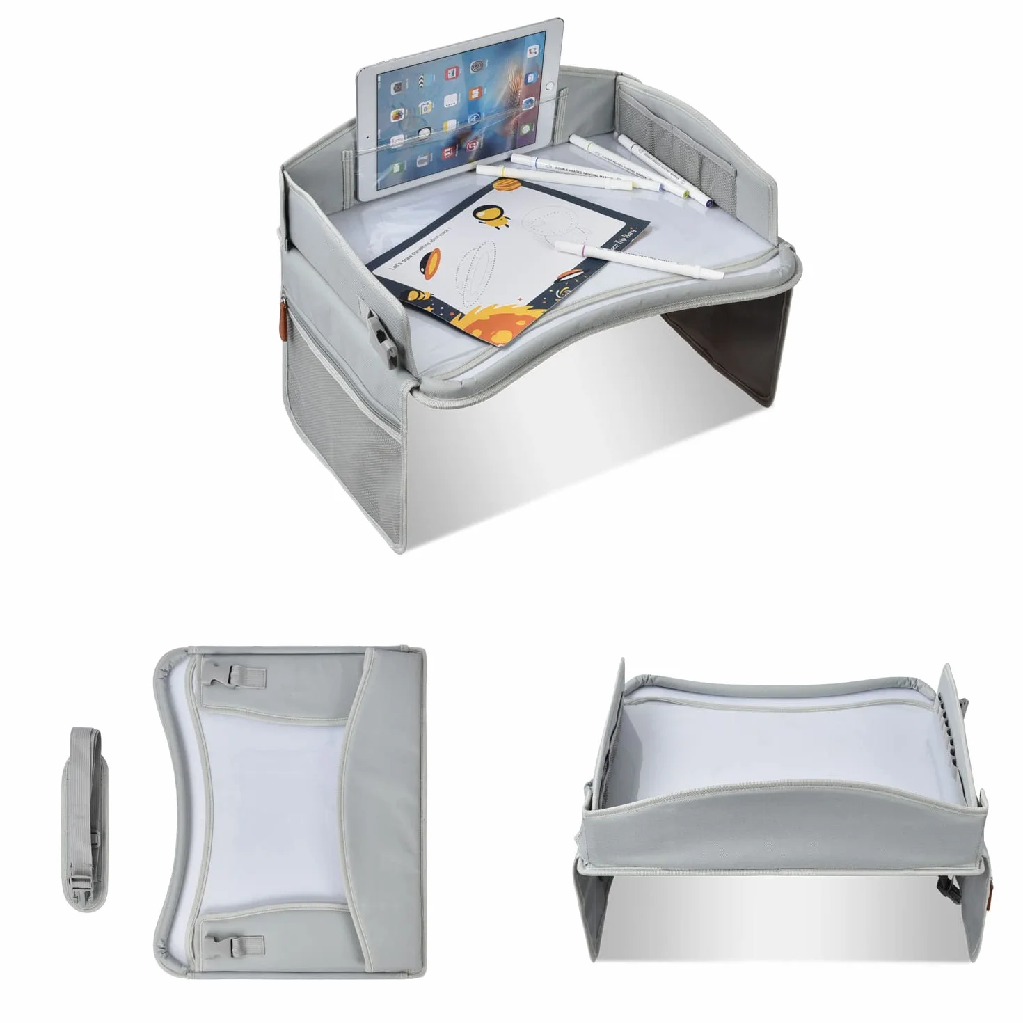 Tavolino viaggio bambini, vassoio ginocchia auto – tavolo gioco/sedile posteriore, aereo, treno, pranzo – superficie lavabile, supporto tablet, porta penne, tasche, verde – di KD Essentials