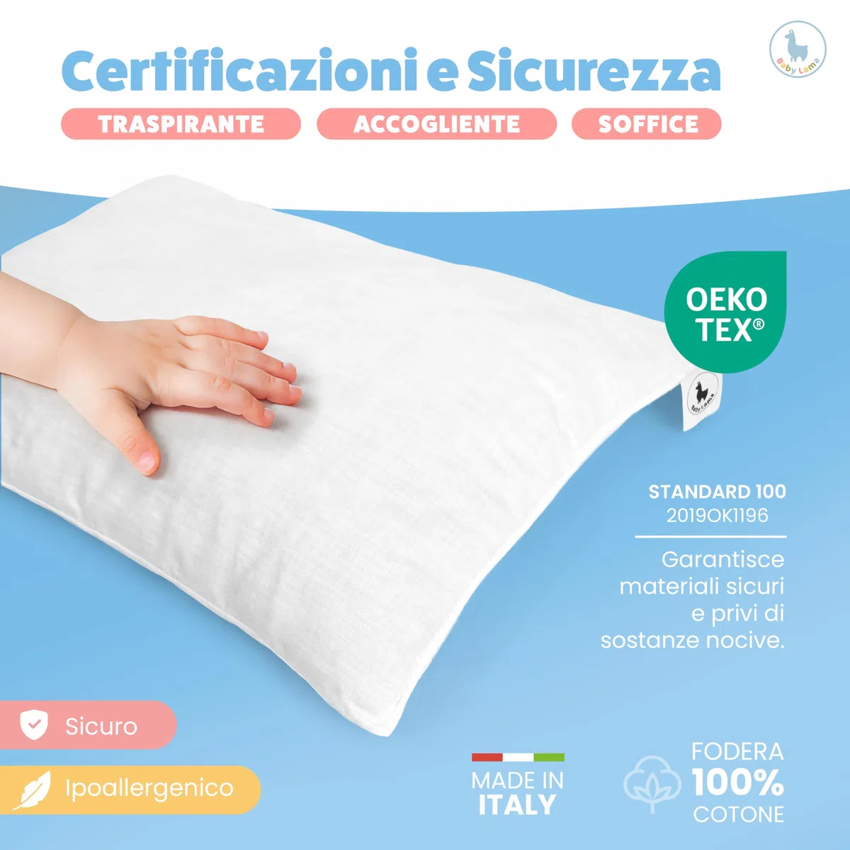 Baby Lama (2 Cuscini) Cuscino Bambino 2 Anni - 6 Anni. Cuscino Lettino Bambino Basso per Dormire 40x60. Cotone 100% Oeko-Tex – Ipoallergenico, Lavabile, Antisoffoco. Made in Italy (2)