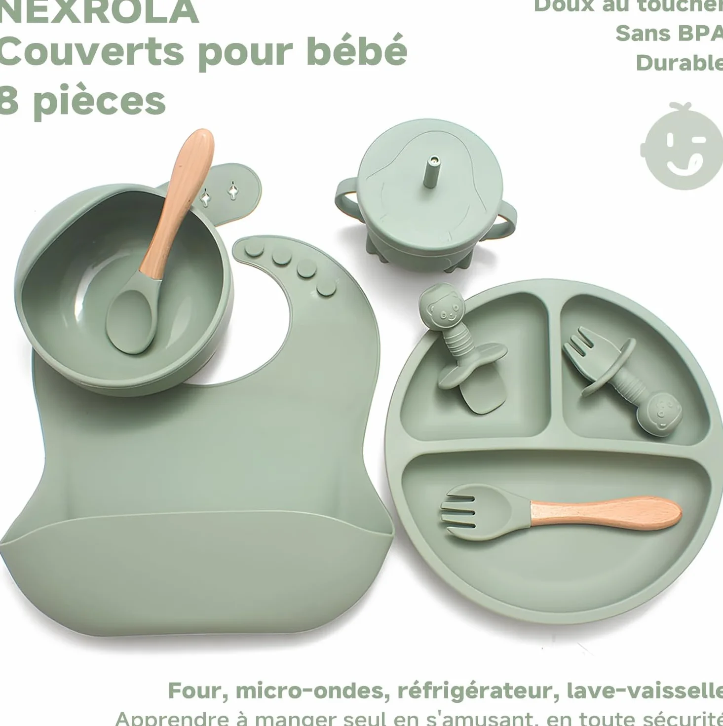 Set Pappa Svezzamento, 8 Pezzi, Piatto Svezzamento Ventosa Ciotola, Bavaglino Silicone, Cucchiaino Forchetta Neonato, Piatti per Bambini, Posate Bambini, Svezzamento Neonati, Verde