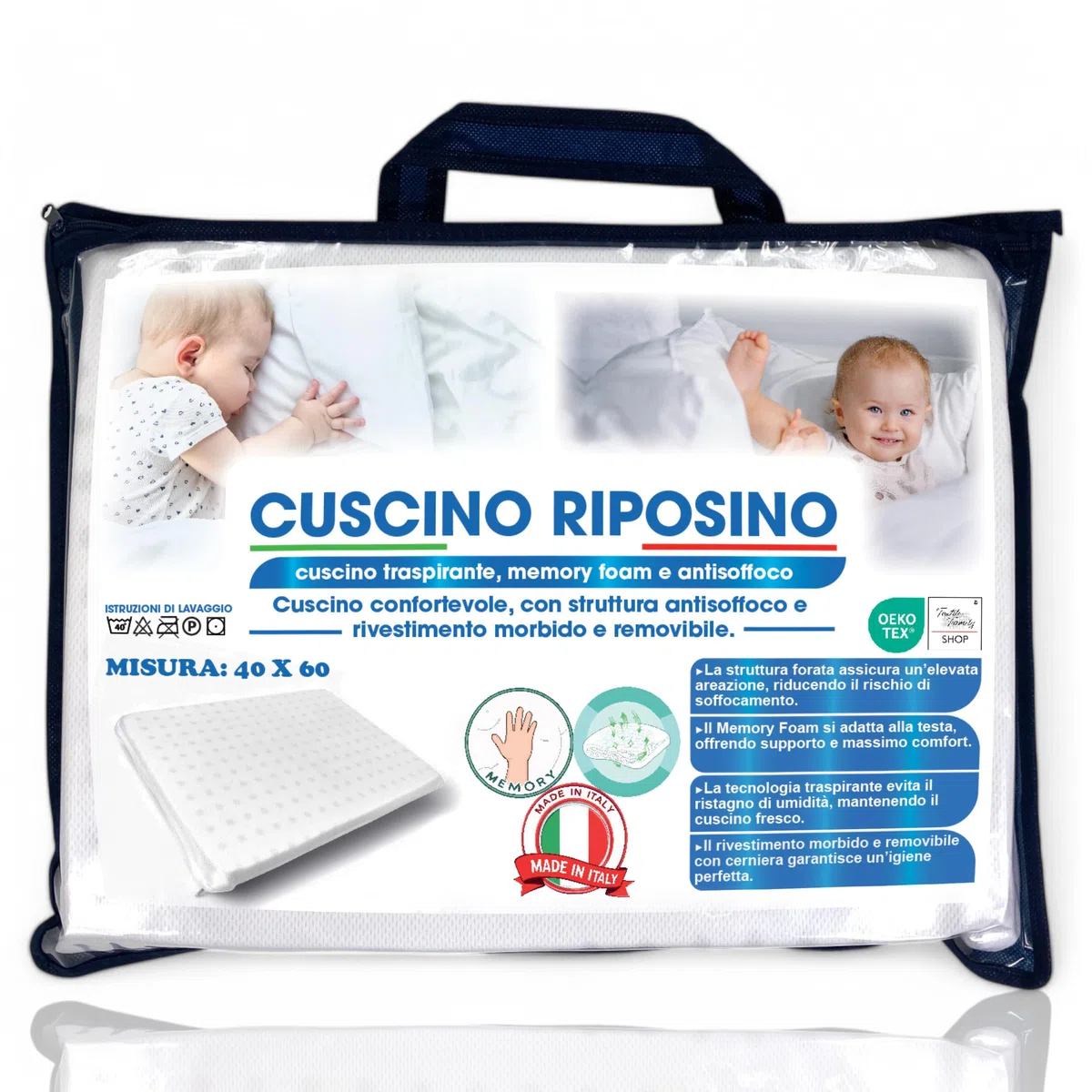 Tex family Cuscino Memory Foam Bambini - Antisoffoco, Traspirante, Ipoallergenico, Sfoderabile - Guanciale Ergonomico per Culla e Lettino - Made in Italy - 40x60 cm