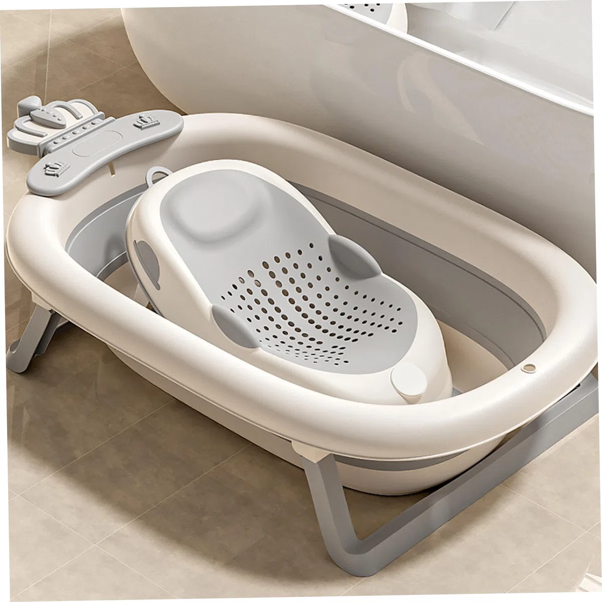 Supporto per il bagnetto - Seggiolino per vasca da bagno antiscivolo con supporto morbido per la colonna vertebrale e piedini pieghevoli, grigio
