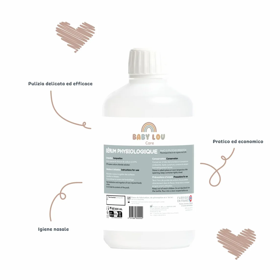 Siero fisiologico in bottiglia 5x500ml | NaCl 0,9% | Prodotto in Francia | Lavaggio delle fosse nasali | Igiene del naso | Per irrigazione esterna