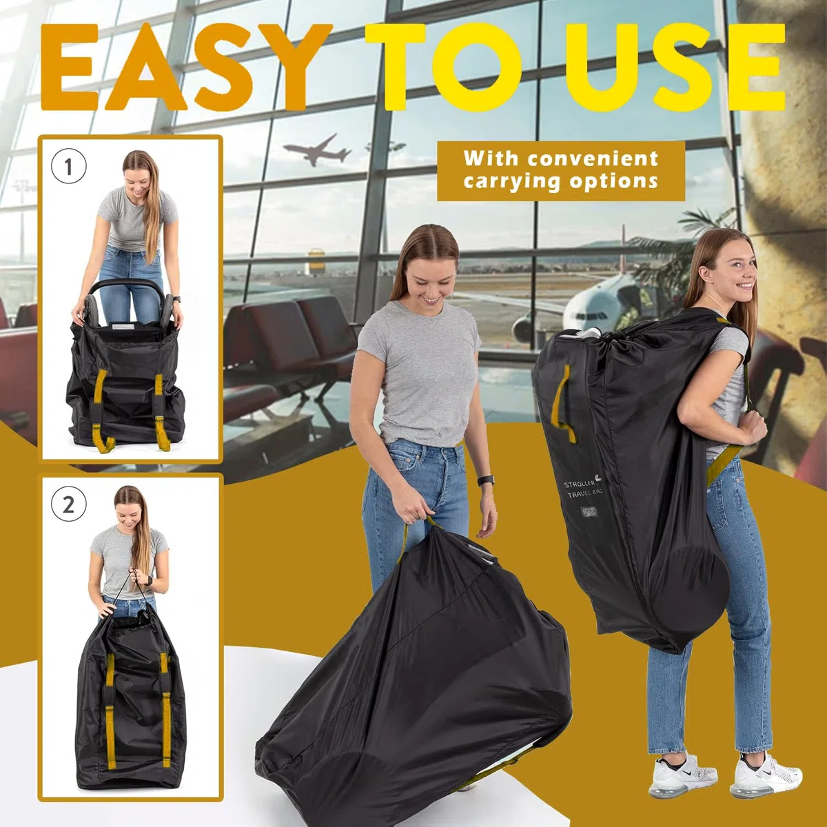 Borsa da viaggio extra large per passeggino, nera, ideale per passeggino e carrozzina, impermeabile, arancione