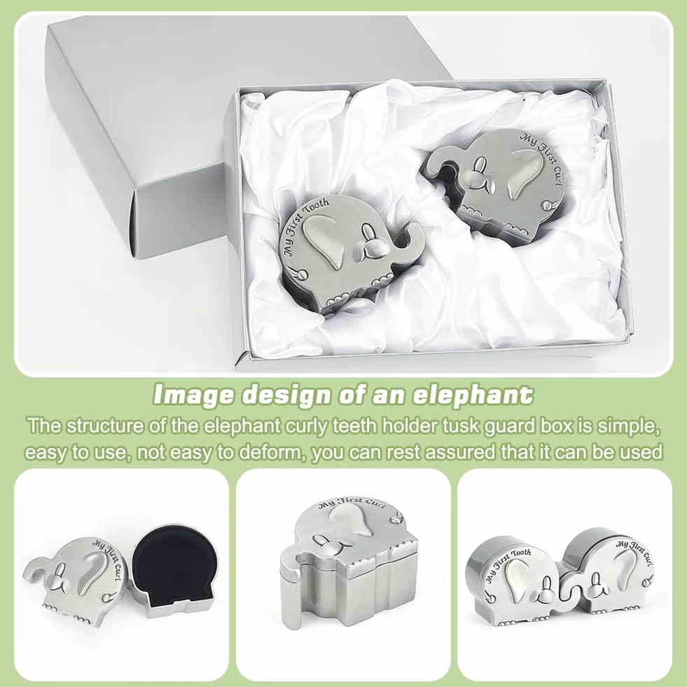 FINGERINSPIRE 2 scatole dei ricordi per primo ricciolo e il mio primo dente in argento anticato, con denti di elefante, set per bambini, battesimo, doccia