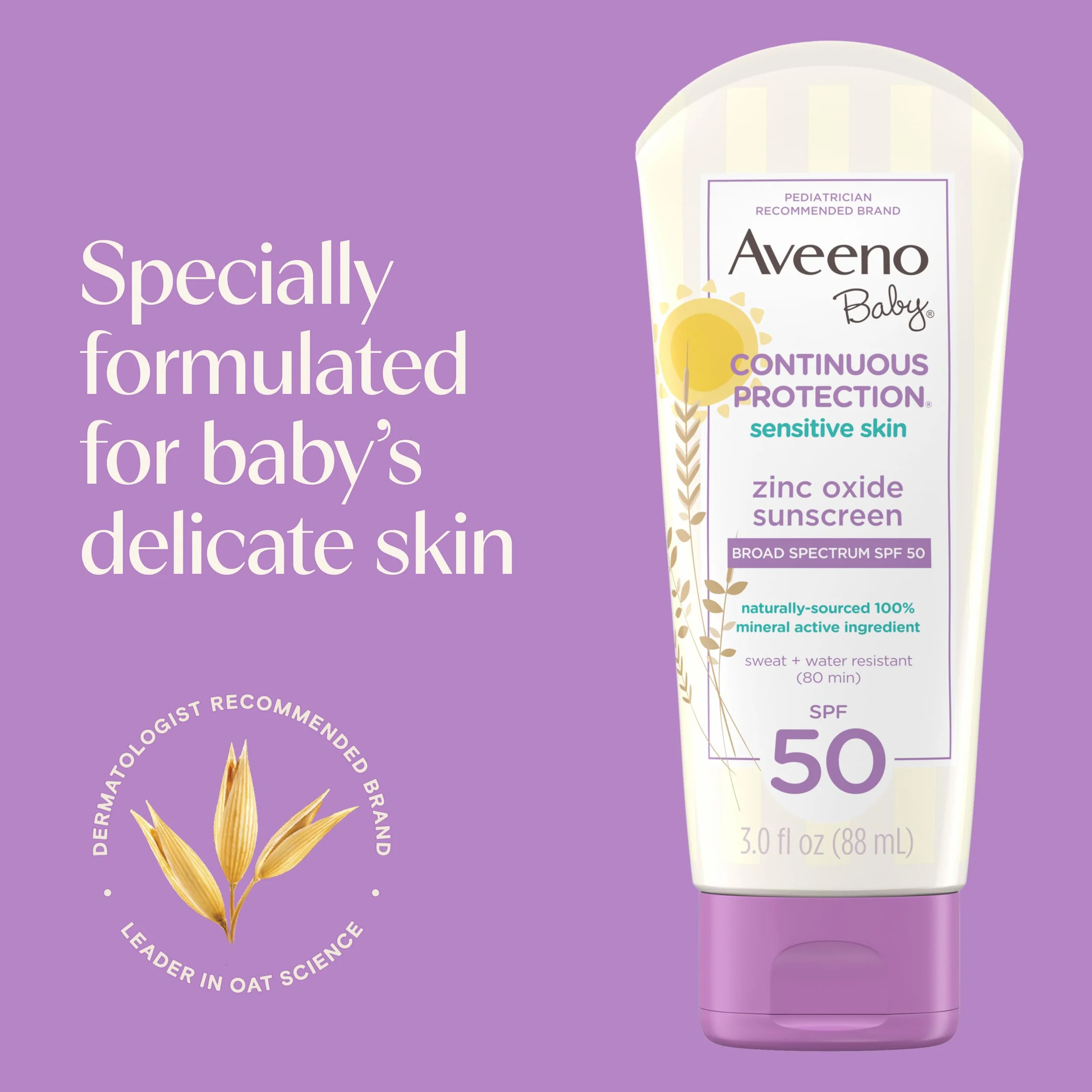 Aveeno Baby AVEENO Baby Lozione protettiva permanente per pelli sensibili Crema solare all'ossido di zinco SPF 50 3 oz 3 Fl. Oz