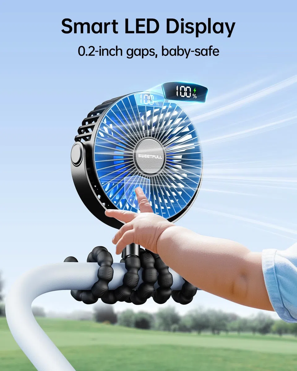 SWEETFULL Ventilatore per carrozzina, ventilatore per passeggino, 6000 mAh, portatile, per auto, mini ventilatore USB da scrivania, con treppiede flessibile, per culla, tapis roulant, bici da viaggio