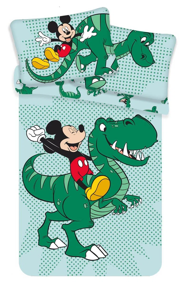 Lenzuola Dinosauro lettino verde - Biancheria da letto per bambini dinosauro Disney con Topolino - Lenzuolo reversibile dinosauro per culla - Completo letto Topolino misura 100 x 135 cm, 40 x 60 cm