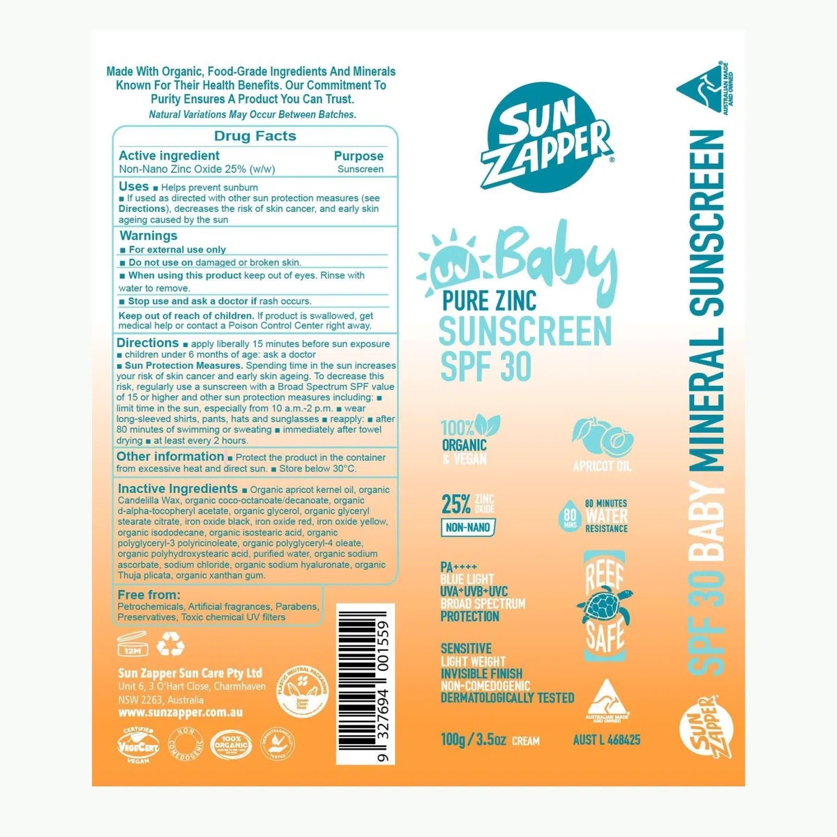 Sun Zapper Pure Zinc Natural Baby Mineral Sunscreen SPF 30 Baby Sun Cream