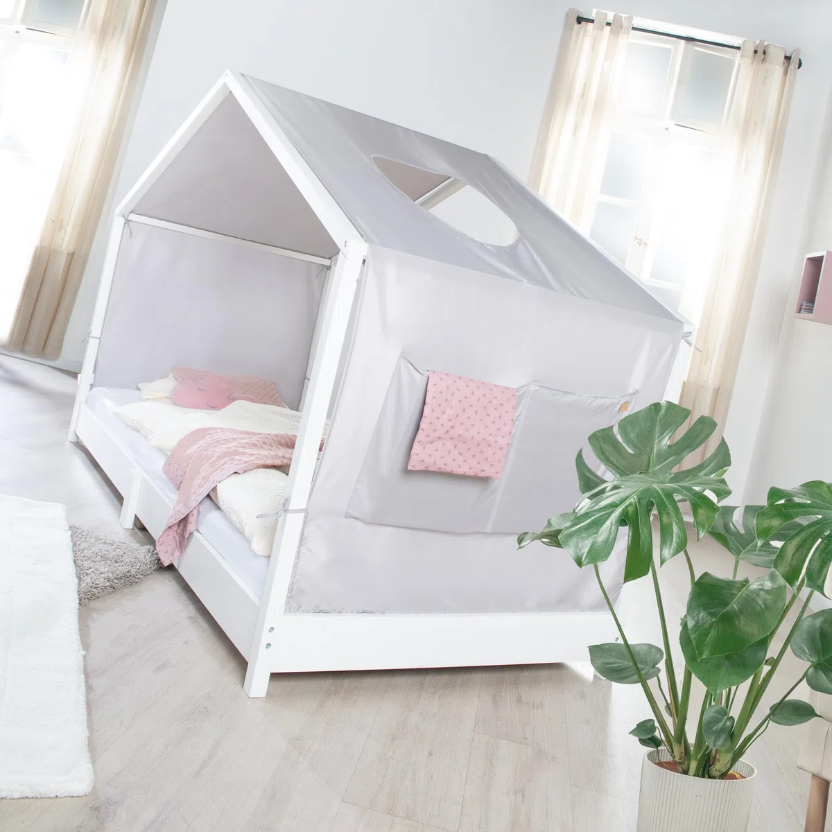 roba Copertura per Letti Montessori 90 x 200 cm - Accessorio Adatto per trasformare Il Letto in Un baldacchino - con 3 Tasche portaoggetti e Finestra sul Tetto - Grigio Chiaro