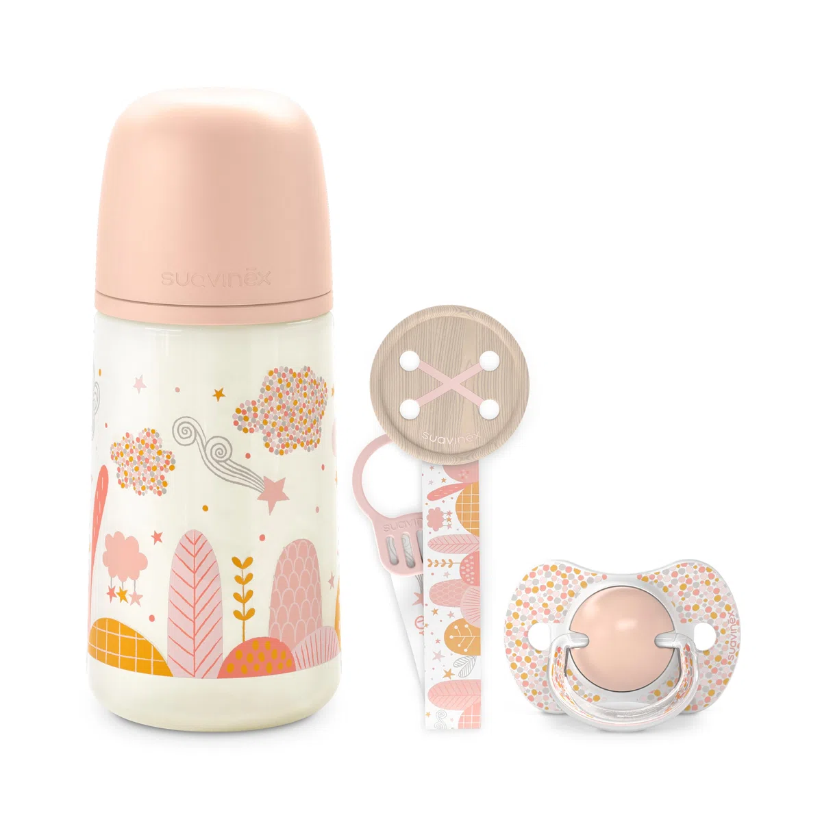 Suavinex Set Regalo Neonato, Regalo Bimbo con Biberon 270 ml Flusso Medio, M, Ciuccio 0/6 Mesi e Catenella Porta Ciuccio in Tessuto, per Bambini 0/6 Mesi, Tettarelle in Silicone Sx Pro, Dreams Rosa