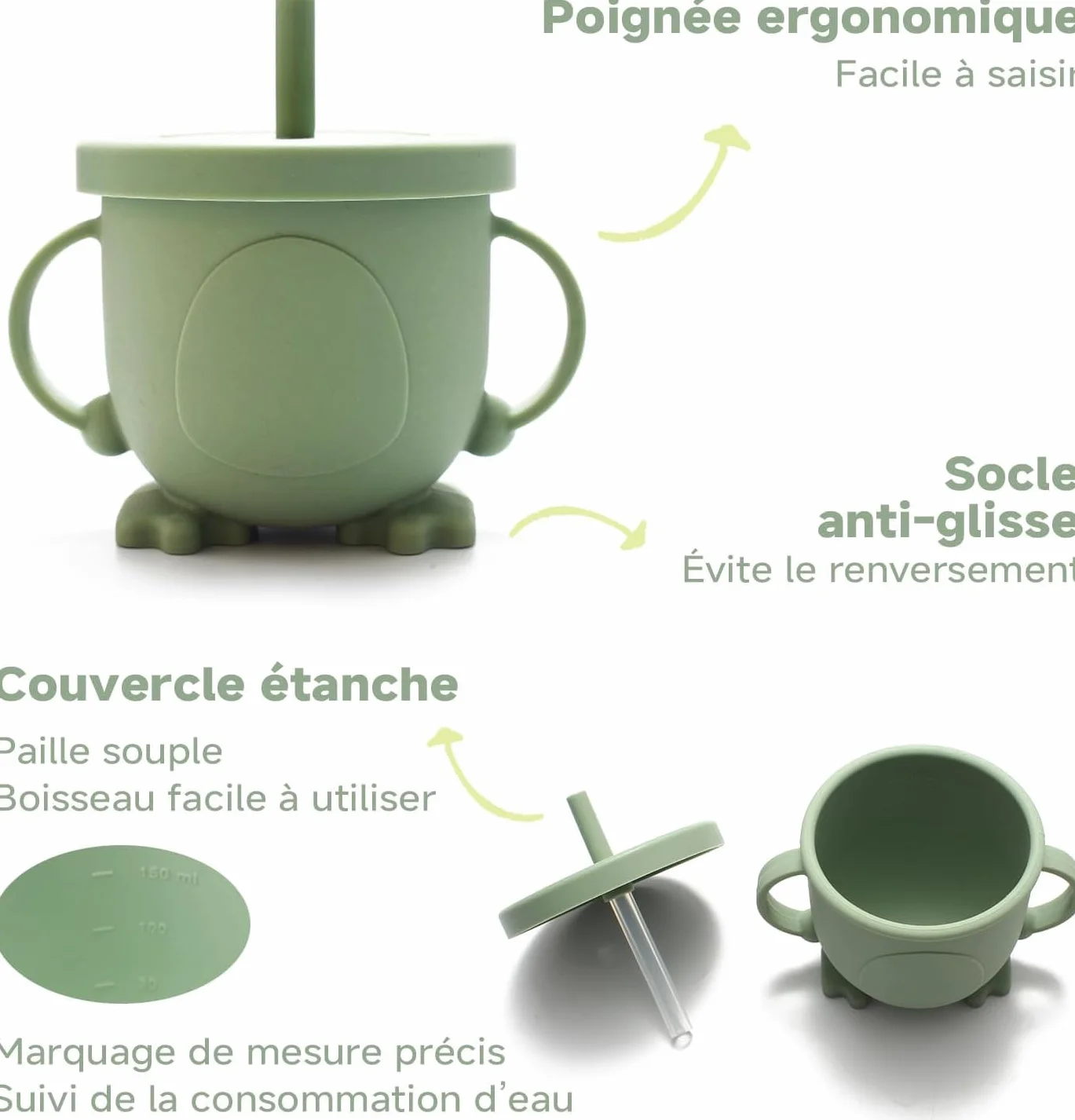 Set Pappa Svezzamento, 8 Pezzi, Piatto Svezzamento Ventosa Ciotola, Bavaglino Silicone, Cucchiaino Forchetta Neonato, Piatti per Bambini, Posate Bambini, Svezzamento Neonati, Verde