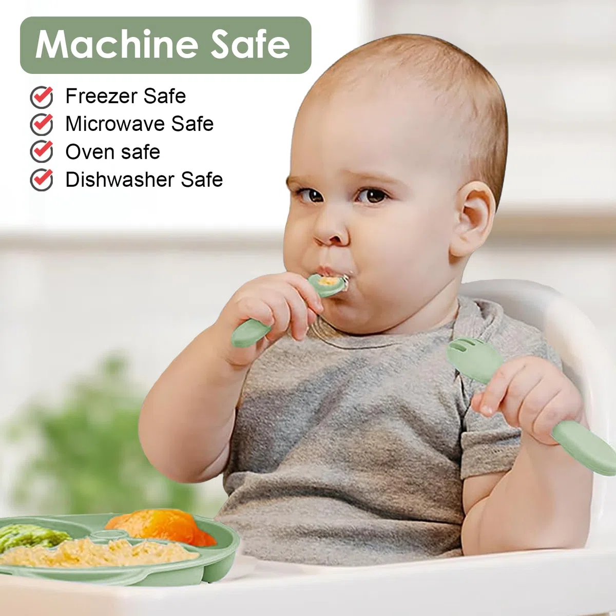 14 Pezzi Set Pappa Svezzamento, Svezzamento Set Silicone Piatto con Ventosa Piatto Ciotola Tazza Bavaglino Cucchiaio Forchetta, Set di Posate per Bambini per Lo Svezzamento e L'Alimentazione (Verde1)