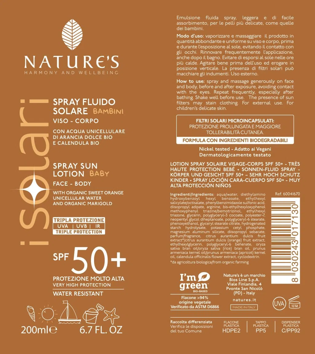 Nature's - iSolari, Spray Fluido Solare Bambini SPF 50+, Protezione Solare Spray, Protezione Solare Bambini, Rapido Assorbimento, Azione Protettiva 200 ml