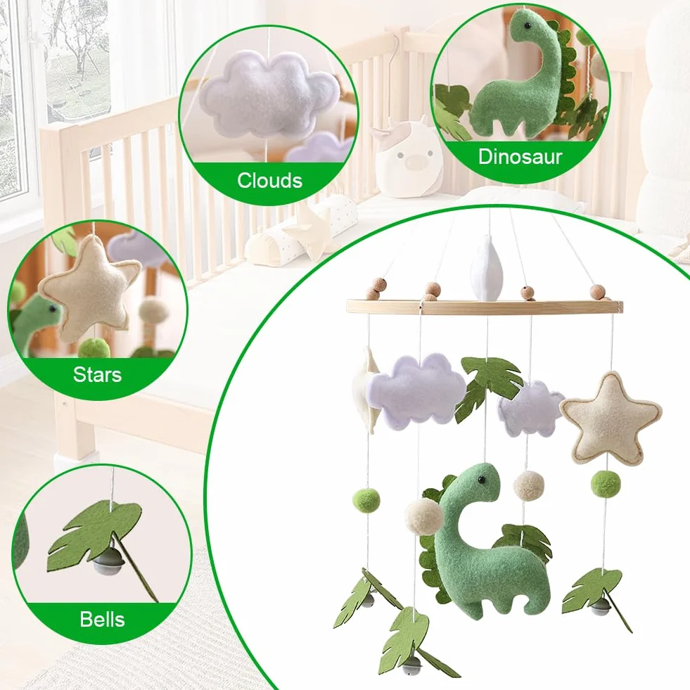 Giostrina Culla Neonato in Legno, con Feltro Dinosauri, Foglie, Nuvole e Stelle, Giostrina Neonato con Campanellino, Decorazioni per Cameretta, Regalo per Bambine o Bambini
