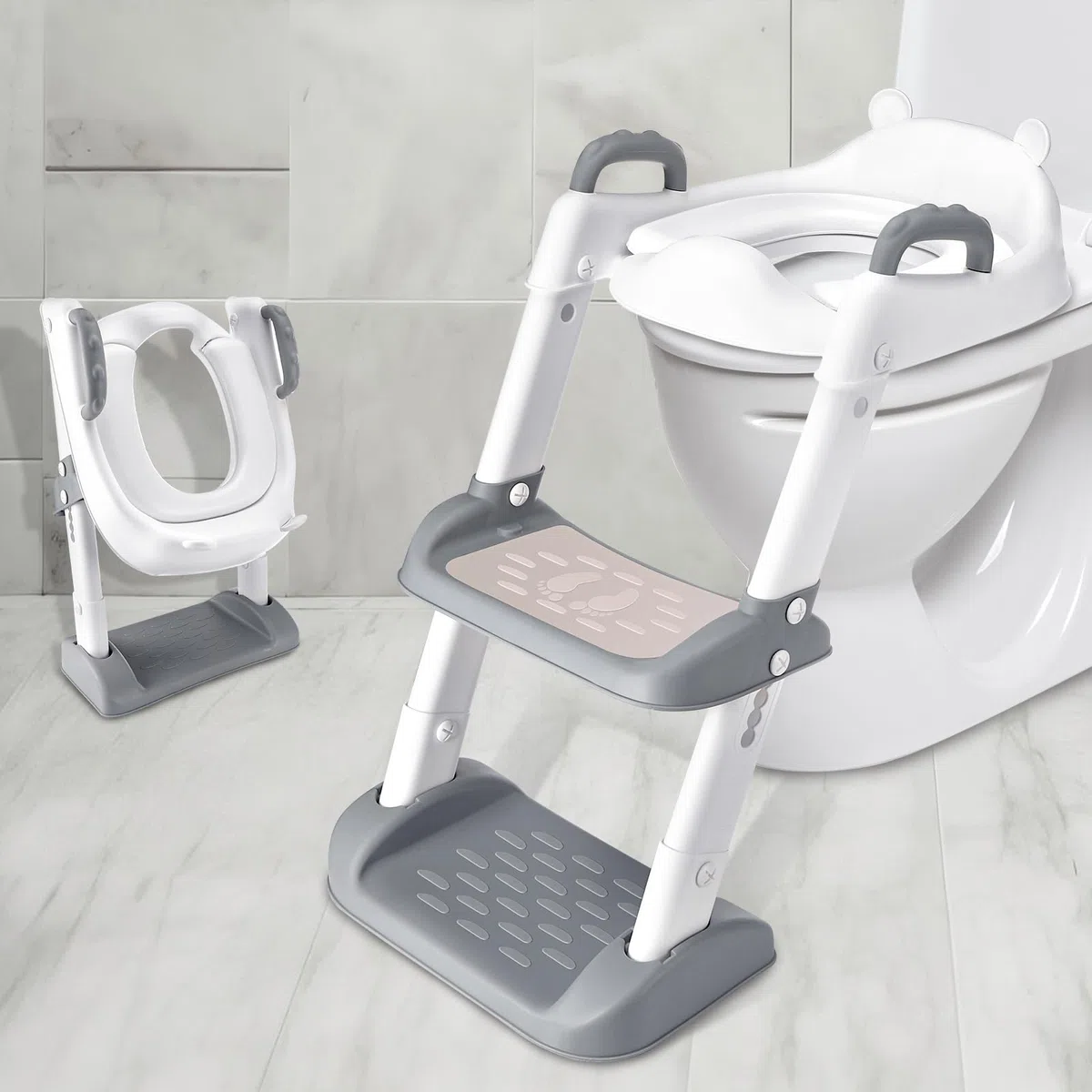 Mkitnvy Riduttore WC per Bambini Con Scaletta e Sedile per Vasino, Regolabile e Pieghevole Antiscivolo Sedile Gradini Larghi con Morbido Cuscino Toilette Portatile Trainer per V,U,O