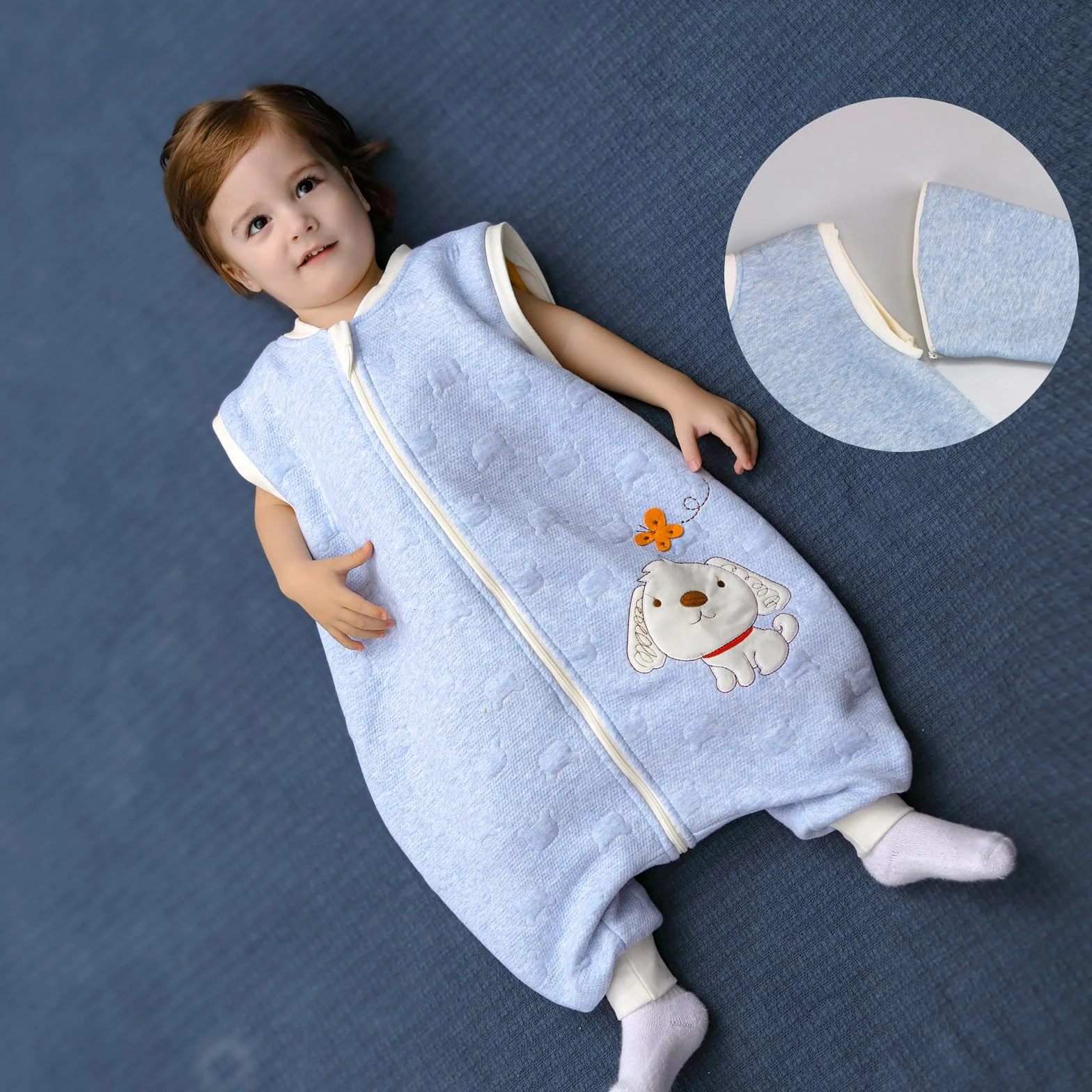 Sacco nanna invernale a maniche lunghe, per bimbe e bimbi, con aperture per i piedi e motivo di cagnolino, in cotone, unisex, per tutto l'anno, Blu 0-16 Monate