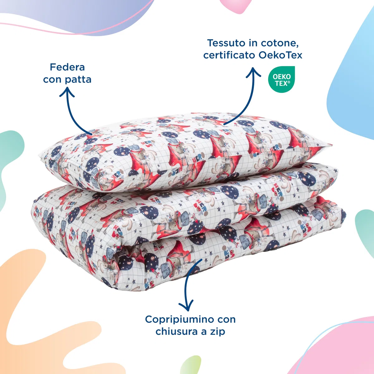 SUPERBE BEBE Set Copripiumino Bambino - Copripiumino 100x135 cm e Federa 40x60 cm in Cotone OEKO-TEX - 10 Colori a Scelta - Morbido e Confortevole per Bambini - Ideale per Notti Tranquille