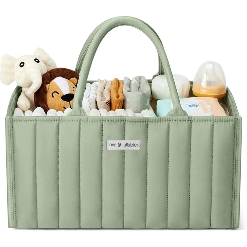 love & lullabies Organizer per pannolini, elegante cestino trapuntato per il cambio del bambino, essenziale per neonati, cestino per baby shower, organizer per future mamme (verde salvia)