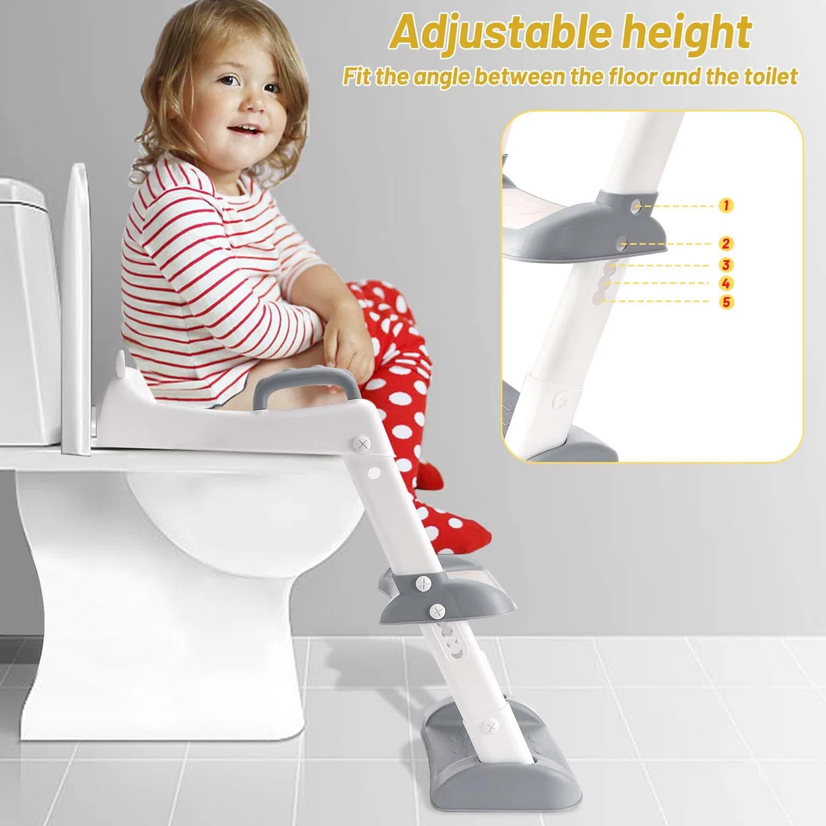 Mkitnvy Riduttore WC per Bambini Con Scaletta e Sedile per Vasino, Regolabile e Pieghevole Antiscivolo Sedile Gradini Larghi con Morbido Cuscino Toilette Portatile Trainer per V,U,O
