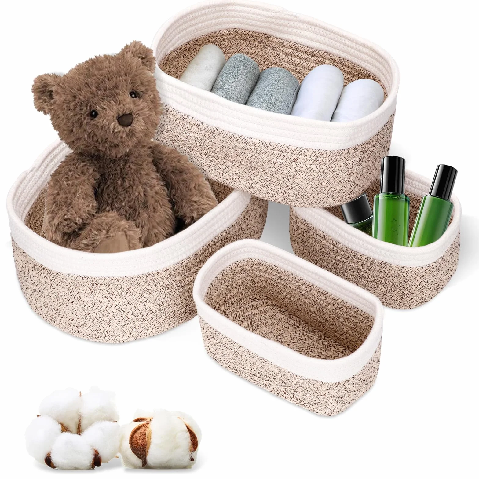 Set di 4 Cestini Portaoggetti Intrecciato in Corda di Cotone –Organizer Fasciatoio,Cesto Portaoggetti,Cestini impilabili per bagno, cameretta, fasciatoio, giocattoli, cosmetici e decorazioni