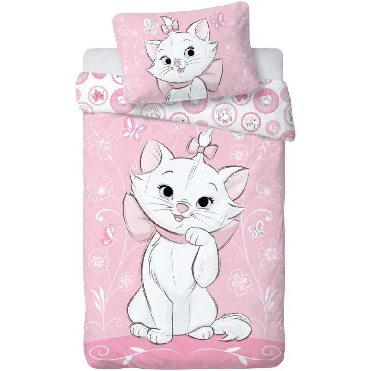 Copripiumino singolo bambina Minou Gli Aristogatti 100 x 135 cm e federa 40 x 60 cm | lenzuola letto per materasso da 60x120 a 70x140 cm | Biancheria 100% cotone