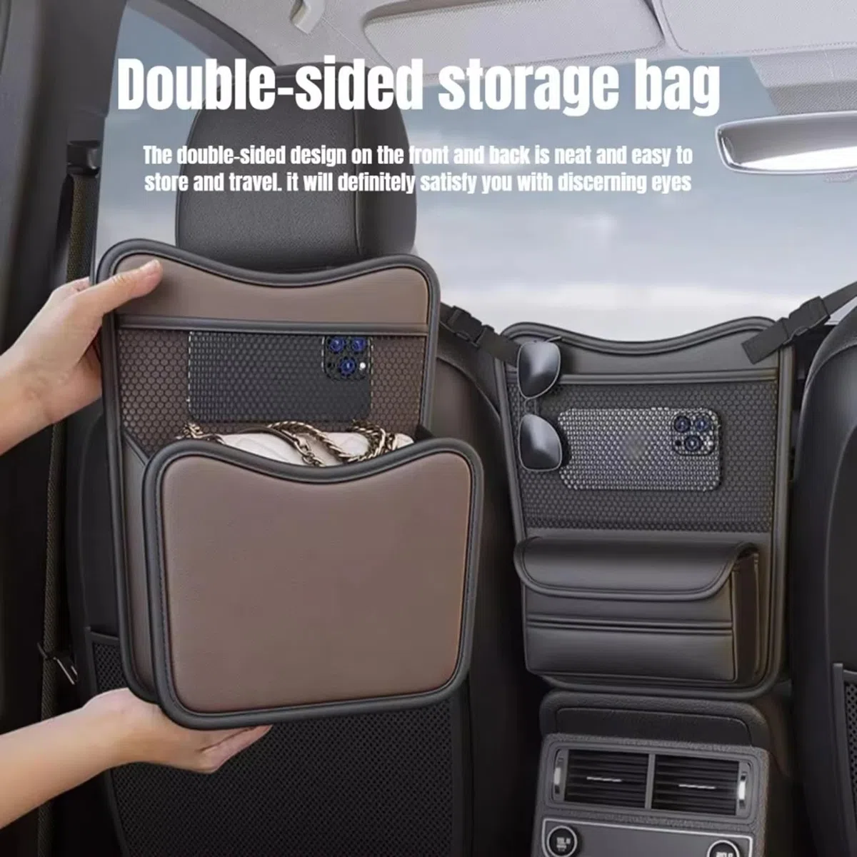 Borsa Portaoggetti per Auto per VW Tiguan (2007–2026), Design Fronte-Retro, con Porta-Fazzoletti e Tasca per Telefono,A Black