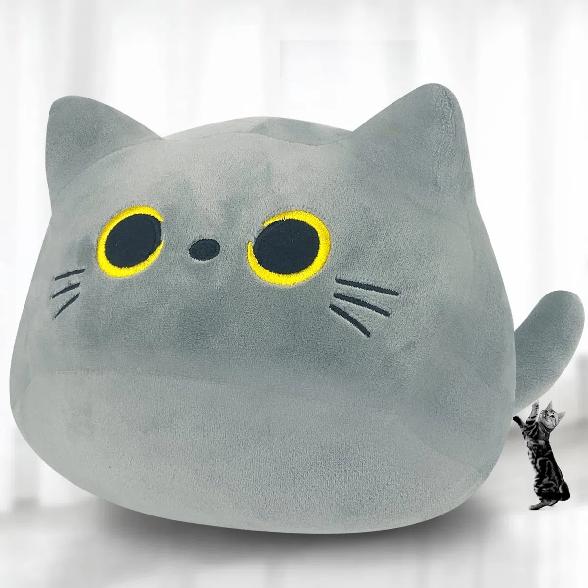 Peluche Cuscino Arredo, Kawaii Gatto Sdraiato Peluche Giocattoli Bambola Giocattolo, Gatto Cartone Animato Cuscino Decorativo, Peluche Ripiene Nero(600g)