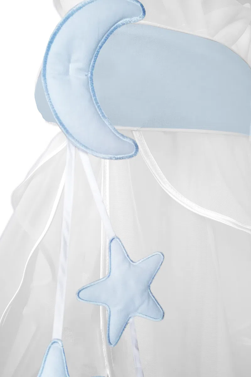 Amilian Cielo per lettino con fiocco, decorazione per la cameretta dei bambini, baldacchino, tenda da letto; cielo di luna/stelle blu chiaro (made in UE)